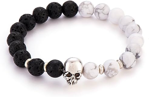 No Clasp Unisex Silver Plated Skull Agate Bead Chain Stretch Bracelet in Round Design