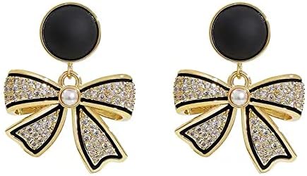CZ Black Bow Knot Dangle Stud Earrings for Women Girls Pearl Crystal Rhinestone Butterfly Knot Dangling Drop Earrings 14K Gold Plated Dainty Jewelry Gifts BFF