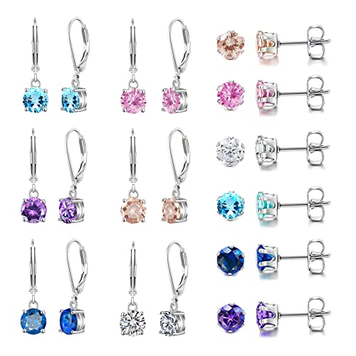 Multicolor Crystal Dangle Earrings and Studs for Women 925 Silver Hypoallergenic Dangle Earrings Leverback Earrings for Girls