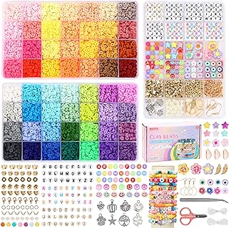 QUEFE 12000pcs Clay Beads for Bracelet Making, 56 Colors Flat Round Polymer Clay Beads Spacer Heishi Beads for Jewelry Making with Trendy Beads, Pendant Charms Kit, Letter Beads and Elastic Strings