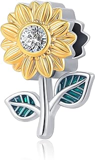 Gold-Plated Copper Sunflower Charm With Synthetic Crystal & CZ Flower Enamel Bead for Women, Compatible with Pandora & European Bracelets
