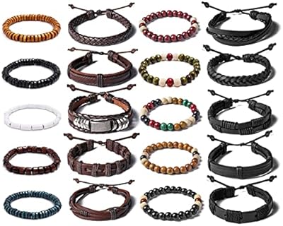 20pcs Braided Leather Bracelets for Men Women Woven Cuff Wrap Bracelet Wood Beads Ethnic Tribal Bracelets Adjustable
