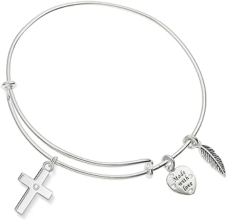 Silver Cross Bangle Bracelet with Box Chain and Lobster Claw Clasp for Women, Inspirational Design