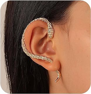 Gold-Toned Gothic Snake Cuff Earring with Latch Back for Women and Girls - Stylish Punk Ear Jacket Piercing Wrap featuring Medusa Design