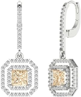 3.27CT Princess Round Cut Halo Solitaire Brown Morganite Pair of Lever back Drop Dangle Everyday Earrings 18K White Gold