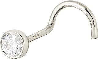 14Kt White/Yellow Gold Nose Stud with Bezel Set Moissanite, 22G Cork-Screw Design for Unisex - April Birthstone Nose Ring