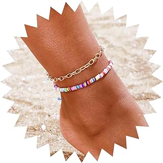 Andelaisi Boho Heishi Surfer Anklets Rainbow Vinyl Ankle Bracelet Summer Beaded Ankle Chain Bracelet Colorful Sliced Clay Anklet Bracelets Gold Chunky Foot Chain Jewelry for Women and Girls 2Pcs