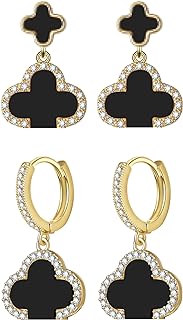 Feasnow Lucky Clover Earrings Gold Dangle Hoop Earrings Black White Red Clover Earrings-Stud Jewelry Set for Women Teen Girls Trendy
