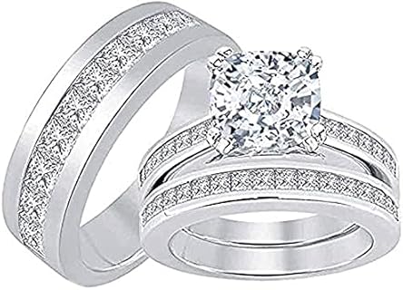14K White Gold Plated Sterling Silver Trio Ring Set with Princess & Cushion Cut Created Diamond - His Engagement & Her Band Rings for Men and Women
