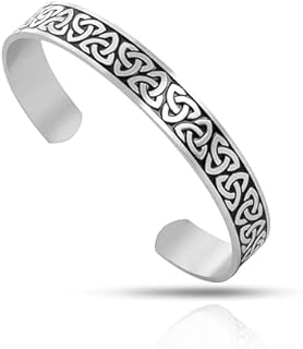 No-Clasp Type Celtic Cuff Bracelet with Box Chain - Stainless Steel Adjustable Bangle for Men and Women featuring Triquetra Trinity Knot Design - Unique Pagan Jewelry Gift