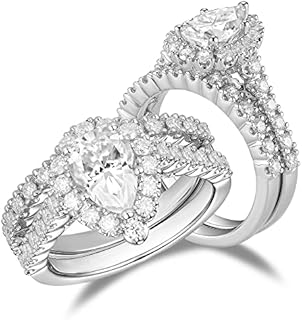 DovEggs Center 2ct 6X8mm G-H-I Color Pear Cut Created Moissanite Halo Engagement Ring 14k Gold Quality Sterling Silver Wedding Engagement Ring Wedding Ring Set 2 Pieces for Women