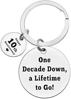 10th Anniversary Stainless Steel Keychain Gift - Engraved 'One Decade Down A Lifetime To Go' Charm - Perfect Present for Husband, Wife, Partner