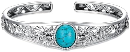 Genuine Turquoise Vintage Flower Bracelet Bangle, Sterling Silver Boho Adjustable Bangle Cuff Native American Jewelry for Women, Fit for 6 6.5 7 7.5 Inches