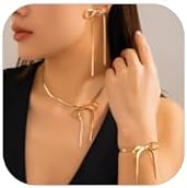Bow Dangle Choker Necklace Bracelet Earrings Set for Women Girls Long Tassel Earrings Snake Chain Bracelets Dainty Gold Snake Chain Necklace Wedding Prom Fashion Jewelry Set Gifts