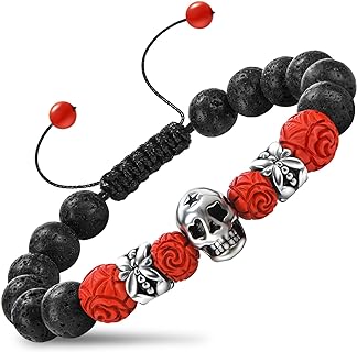 Lobster Claw Clasp+Skull Bead Bracelet with Sterling Silver Rope Chain+Natural Lava Rock Stone+For Men and Women+Elegant and Earthy Design