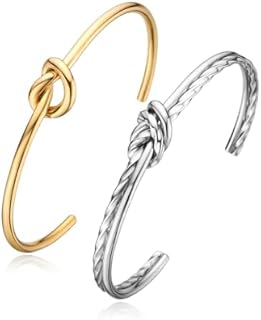 2pcs Stainless Steel Tie Heart Knot Cuff Bracelet for Women,Thin Wire Open Bangle Twist Knot Bridesmaid bracelet with 14k Real Gold Plated