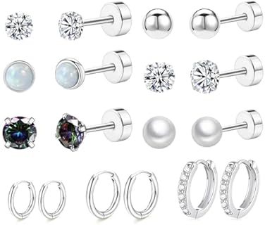 Surgical Steel Flat Back Earring Sets for Multiple Piercing,Hypoallergenic Sterling Silver Small Huggie Hoop Earrings Screw Back Tiny Stud Earrings for Women Girls,Pearl Opal CZ Titanium Cartilage Earring