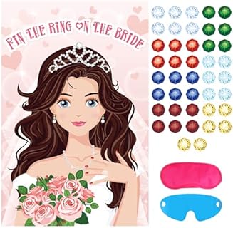 Hxezoc Pin The Ring On The Bride Game With 42 Pcs Rings Large Bridal Party Games Poster for Bridal Shower, Wedding Party, Birthday Party, Carnival Party Supplies