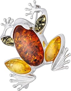 AMBEDORA Women’s Brooch, Polished Sterling Silver, Colourful Baltic Amber, Large Frog Brooch with Amber in Three Colours
