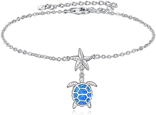 Opulent Opal Embellished Hawaiian Anklets with Rolo Box Link Chain for Women, Sterling Silver Beach-Inspired Turtle & Starfish Design - Perfect Jewelry Gift