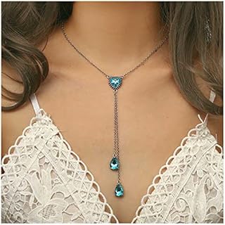 Boho Crystal Y Lariat Necklace Choker Blue Gemstone Y Necklace Chain Silver Teardrop Crystal Pendant Necklace Vintage Long Y Drop Necklace Jewelry for Women and Girls
