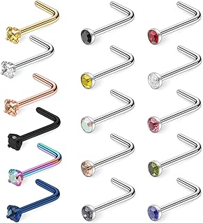 Hoeudjo 18G Surgical Steel Mix Color Diamond CZ Nose Stud Rings L Shaped Screw Bone Nostril Pin Piercing Jewelry 1.5mm 2mm 2.5mm 3mm 16PCS