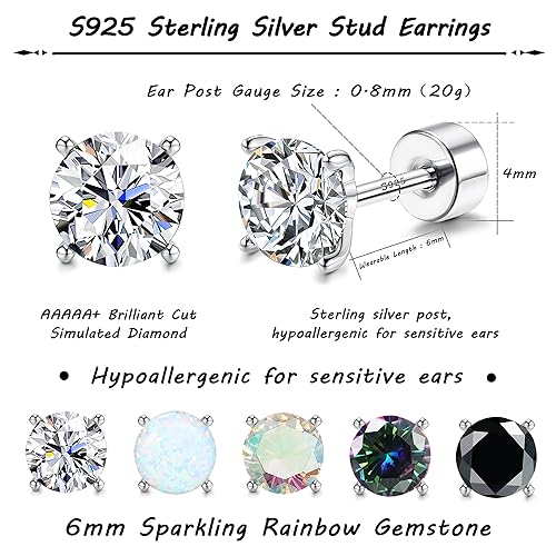 5 Pairs Hypoallergenic Sterling Silver Post Earrings 20G Flat Back Earrings Cartilage Earrings Cubic Zirconia Opal Earrings 18K White Gold Sleep Stud Earrings for Sensitive Ear