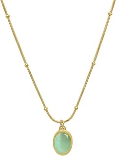 Women's Green Created Opal Necklace, Charm 18k Gold Plated Stainless Steel Snake Chain Jewelry Bling Drop Pendant Choker Necklaces for Girls,18 Inch