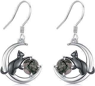 Black Cat Earrings 925 Sterling Silver Cute Cat Drop Earrings with Moss Agate Cat Jewelry Gifts for Women Cat Lovers