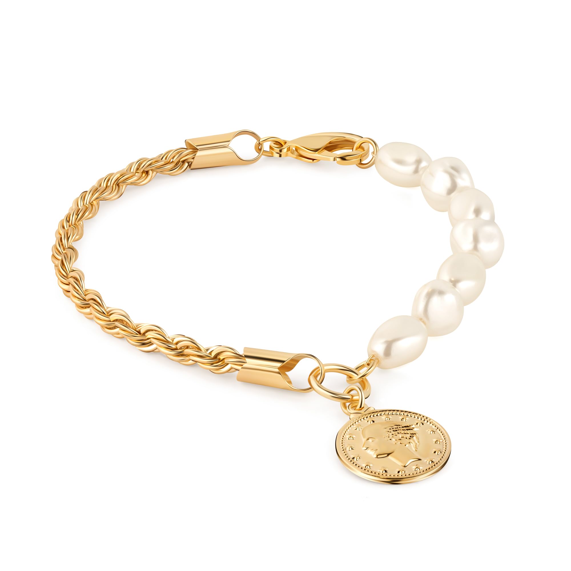Barzel 18K Gold Plated Rope & Pearl Bracelet with Coin Charm - Made in Brazil
