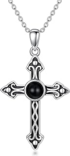 Unisex Black Cross Pendant Necklace with Sterling Silver Cable Chain and Zircon Gemstone - Oxidized Sterling Silver Jewelry Gift for Women and Men