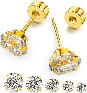 5 Pairs Threadless Flat Back Stud Earrings for Women Men,Cubic Zirconia 3/4/5/6/8mm, Surgical Steel Stud Earrings Sets for Cartilage Helix Tragus Piercing Jewelry