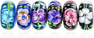 Romantic Mixed Set Of 6 Bundle .925 Sterling Silver Core Translucent Shades Of Black Purple Blue Pink Rose Vintage Style Floral Flower Murano Glass Charm Bead Spacer Fits European Bracelet For Women
