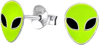 Alien Stud Earrings with Push-Back Silver Gems for Unisex, Sterling Silver in Shape/Design, Hypoallergenic for Sensitive Skin