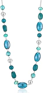 Fulu Autumn Long Glass Beaded Necklace with Silver Crisscross Chain and Shell Crystal Beads for Women - Lobster Clasp-Strand Design