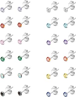 2mm Stainless Steel Cubic Zirconia Stud Earrings with Push Back for Women, Multicolor Set 2MM-6MM