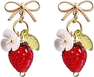 DLYFNVEV Orange Lemon Strawberry Imported Czech Glass Beads Earrings Handmade Bowtie Fruits Dangling Stud Earrings For Women Teen Girls