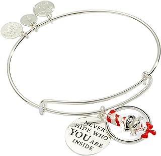 Alex and Ani Dr. Seuss™, Never Hide Who You Are Inside Slider Charm Expandable Bangle Bracelet, Shiny Silver Finish, Red Charm
