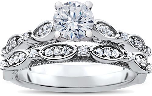 P3 POMPEII3 1 ct Vintage Diamond Engagement Ring & Matching Wedding Band Set 14k White Gold