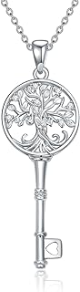 925 Sterling Silver Diamond Key and Tree of Life Pendant Necklace with Cable Chain for Women - Mother's Day Dainty Jewelry