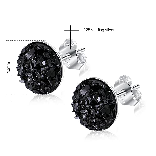Black Earrings for Women, 925 Sterling Silver Black Stud Earrings Round Druzy Earrings Hypoallergenic for Women Men, 8 Colors Options