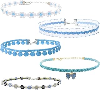 Nova&Aria 5PC Blue Chokers Set For Women Heart Pearl Choker Necklaces Flower Pendant Velvet Cute Choker Necklace Classic Tattoo Colorful Lace Chokers For Teen Girl-05