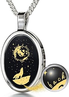 I Love You to the Moon and Back Necklace Pure Gold Inscribed with Nostalgic Howling Wolf and Stars on Onyx Gemstone Romantic Pendant for Women, 18" Gold Plated Silver Chain