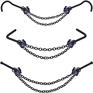 Nose Ring Chain Across Nose Black Stainless Steel Nostril Nose Piercing Chain with Cubic Zirconia Nose Screw Bone L-Shaped Ring for Women Body Piercing Nostril Jewelry with Bridge Chain