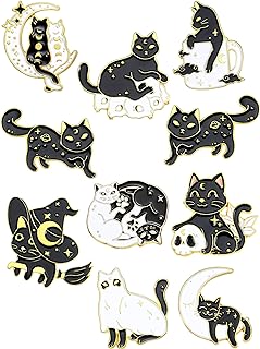 10 Pieces Cat Pins Cute Brooch Pin Set Kawaii Cat Backpack Pin Black Cat Book Brooch Gothic Aesthetic Cat Buttons for Backpacks Clothing Bags Lapel Jackets for Women Men DIY Presents