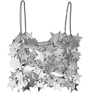 Aksod Women Sexy Star See Through Crop Top Shimmer Sequins Hollow Out Shirt Sleeveless Bikini Beach Club Cover Up Fashion Body Chain Jewelry Accessories for Women and Girls (Silver Top)