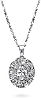 BERRICLE Sterling Silver Halo Oval Cut Cubic Zirconia CZ Art Deco Anniversary Pendant Necklace for Women, Rhodium Plated