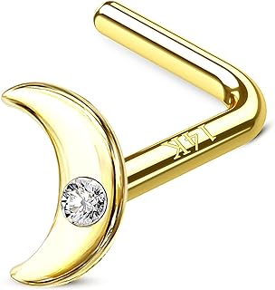 COCHARM 14k Solid Gold Nose Stud 14k L Bend Nose Ring Stud for Women Real Gold Half Moon Nose Piercing 14k Hypoallergenic Christmas Nose Jewelry Gold