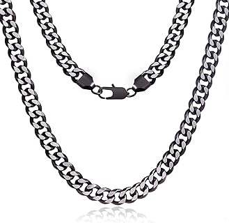 Lobster Clasp 10mm Stainless Steel Two-Tone Silver and Black-Blue Cuban Chain Necklace - Hypoallergenic Jewelry Gift for Men and Women with Diamond Cut Design