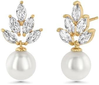 Gold Pearl Drop Earrings for Women with Push Back Closure and Dainty Cubic Zirconia Accents by SNGIA